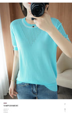 Women New Summer Short-sleeved Tees O-Neck Slim 100% Cotton Linen Hollow Pullover T-shirt Knitted Base Casual Sweater