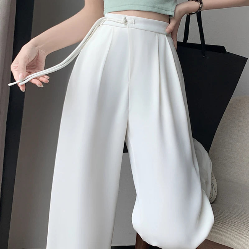 2025 New Spring Summer Tapered Wide Leg Suit Pants White High Waist Drop Hem Loose Straight Casual Slim Fit Trousers Female