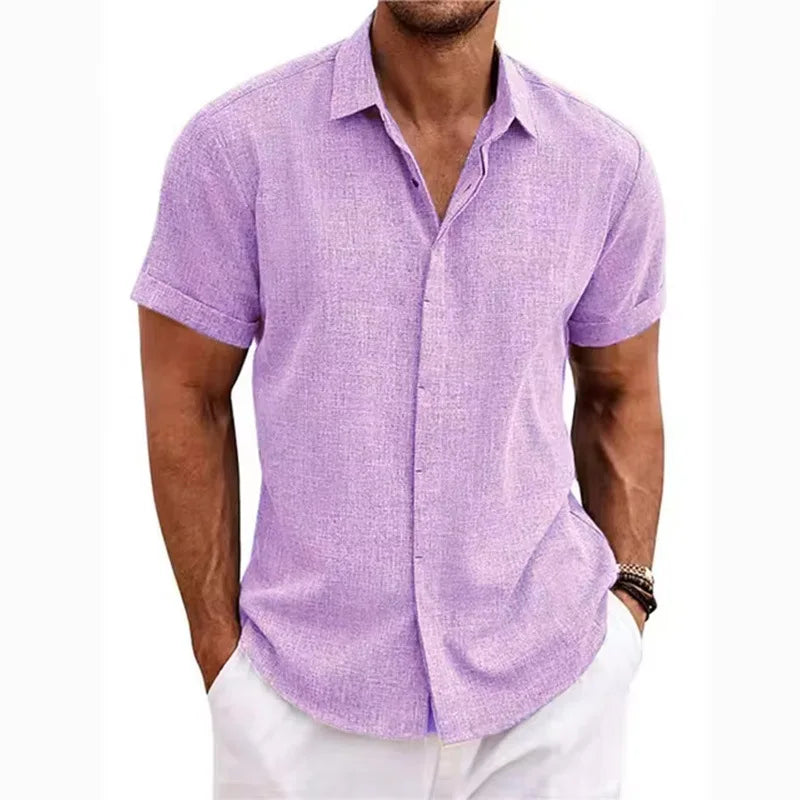 Men Cotton Linen Hot Sale Men's Short-Sleeved Shirts Summer Solid Color Turn-down Collar Casual Beach Style Plus Size Tops