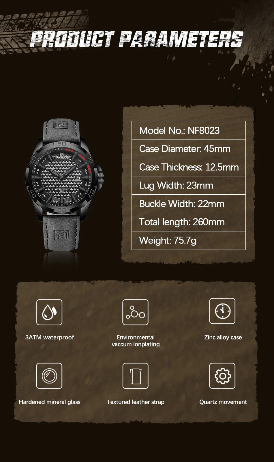 Top Brand NAVIFORCE  Men Quartz Watch Sports Shockproof Waterproof Leather Male Fashion Luxury WristWatch Casual Calendar Clock