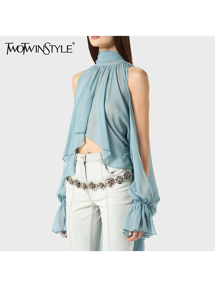 TWOTWINSTYLE Solid Minimalist Slimming Blouses For Women O Neck Off Shoulder Sleeves Temperament Minimalsit Shirts Female New