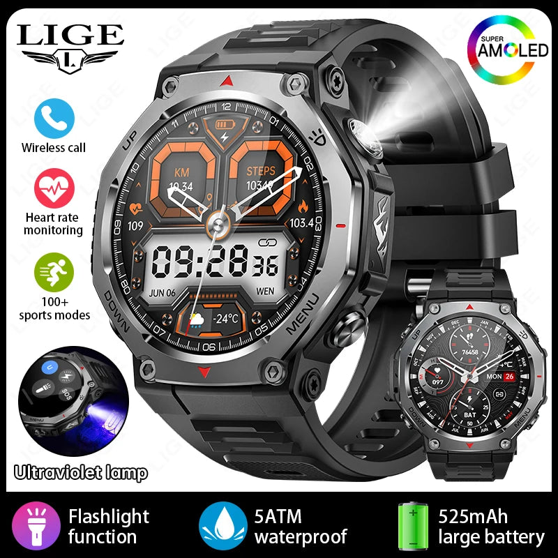 LIGE New 1.43 inch AMOLED Screen Smart Watch 525mAh Big Battery BT Call IPX8-5ATM Waterproof Sports Health Monitoring Smartwatch