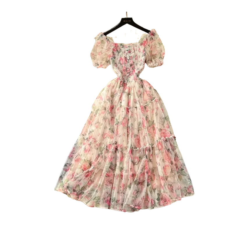 Summer Vintage French Mesh Dress for Women New Waist Cinched Slash Neck Bubble Sleeves Sweet Floral Chiffon Dress Female C146