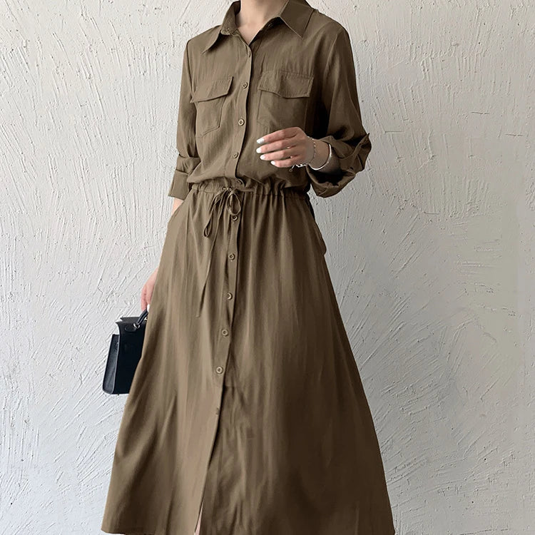 Matakawa Shirt Dresses for Women Solid Long Sleeve Japan Style Elegant Vestidos A-line Simple Fashion Casual  Dress Vintage