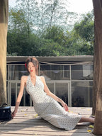 2024 Korean Style Open-back Halter Neck Dress Women's Summer Elegant Long Dress Waist-fitted A- line Skirt Sleeveless