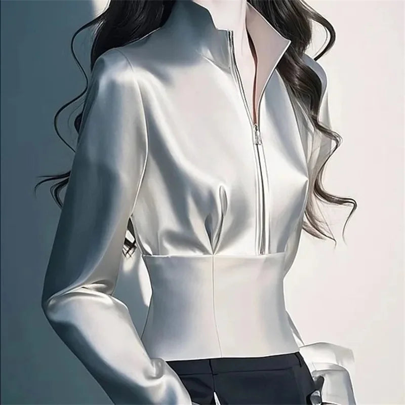 Luxury Satin Shirt Women's Spring Summer New Coat Unique Beautiful Waist Jacket French High-Grade Outerwear Female Overcoat Tops