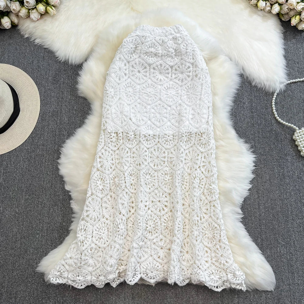 Boho Holiday Long Skirts Women Crochet Hollow Out Female Trumpet Skirt Ladies Elegant Lace Patchwork Summer Skirt Dropshipping