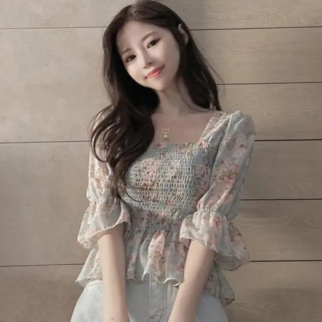 Chiffon Shirt for Women New Floral Flared Sleeves Wrapped in Chest and Waist to Make Them Look Slim Top for Women