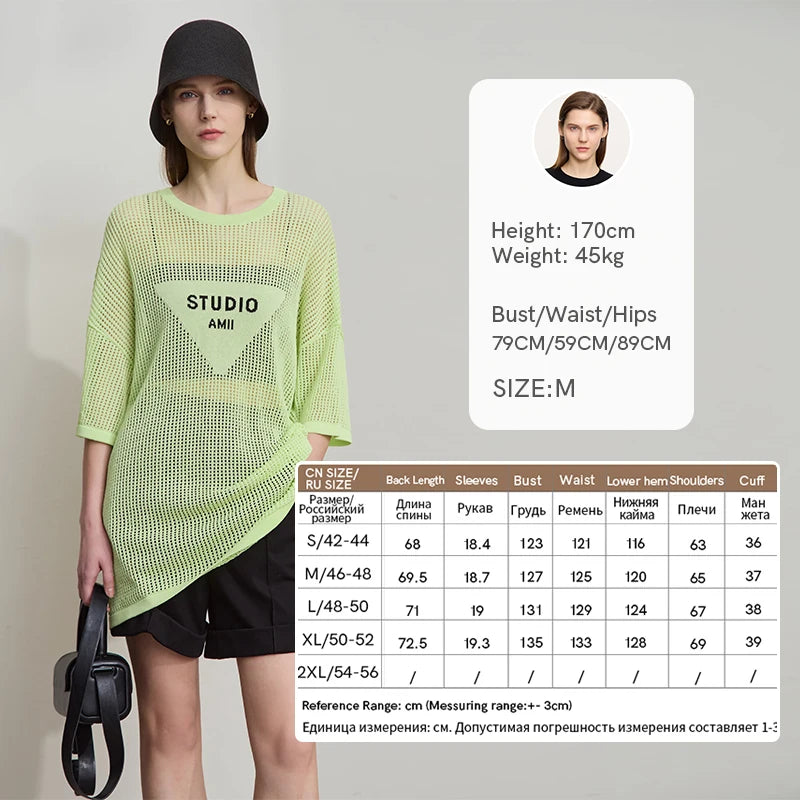 Amii Minimalist Women's Knitted Pullovers 2025 Summer Crew Neck Short-sleeved Casual Mid Long Loose Letter Jacquard Top 12542048