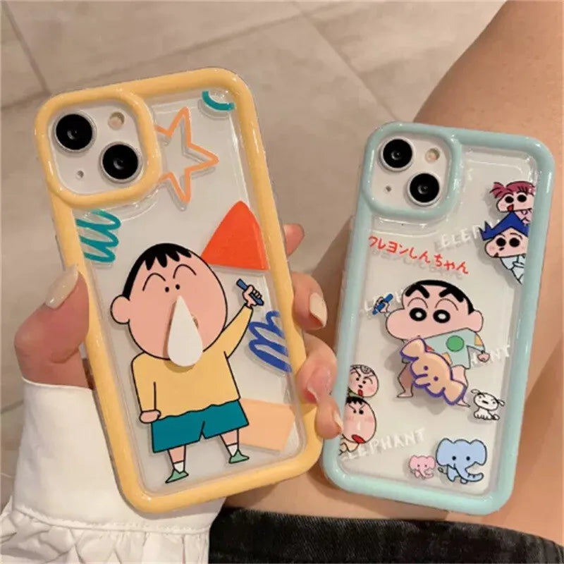 3D Rotating Crayons Shin-Chans Phone Case For IPhone 16 15 14 Pro Max Plus 11 13 12 Mini Pro Max Cover Airbag Clear Soft Casing