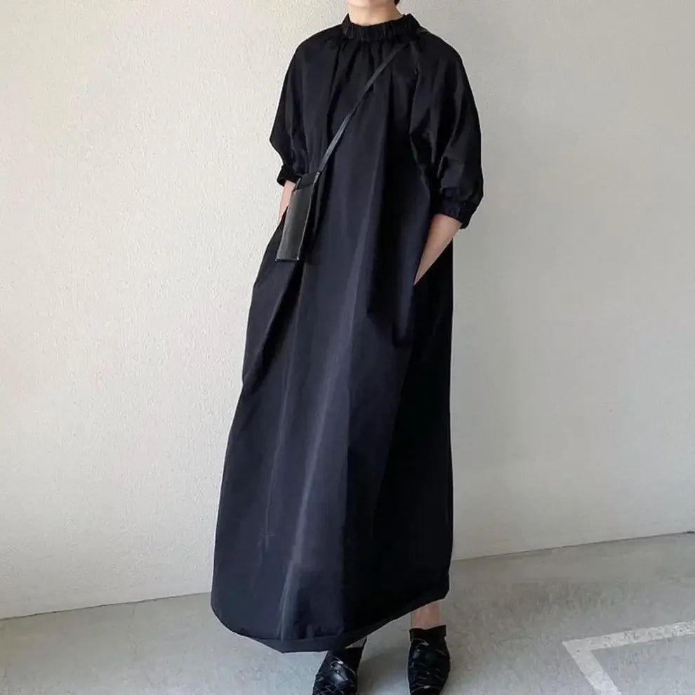 Japanese Style Dress2023 Summer New Women's Clothing Solid Color Stand Collar Dress Loose-Fit Elegant A- Line Long Dress