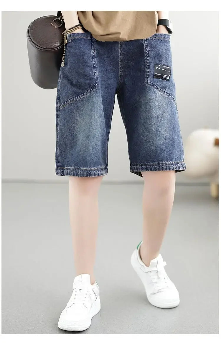 Vintage Jeans Shorts Women Summer Floral Embroidery Elastic High Waist Denim Shorts Design Wide Leg Trousers Blue Black Shorts