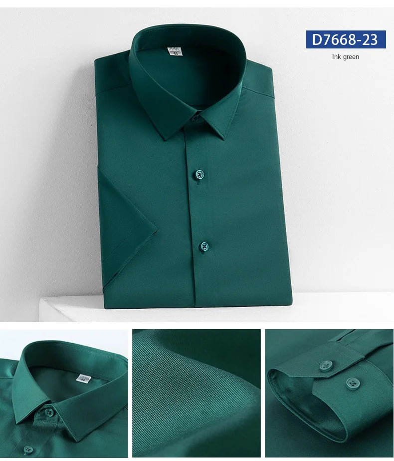 2023 Summer Short Sleeve High Density Silky Material Solid  Elastic Business Men Dress Shirts No Pocket Stretch Clothes