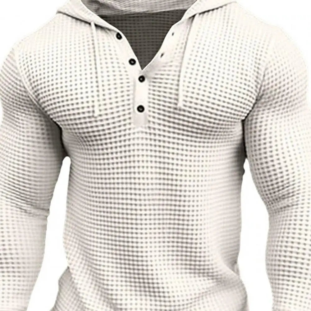 Spring Solid Color Slim Fit Long Sleeved T-shirt, Men's Hooded Breathable Sports Top, Waffle Cotton Casual Long Sleeved Shirt