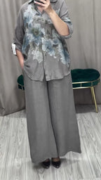 Two Piece Set Islam Muslim Women Tops Flower Print Shirt Wide Leg Pants Suits Ramadan Turkey Modest Ensembles Morocco Outfits
