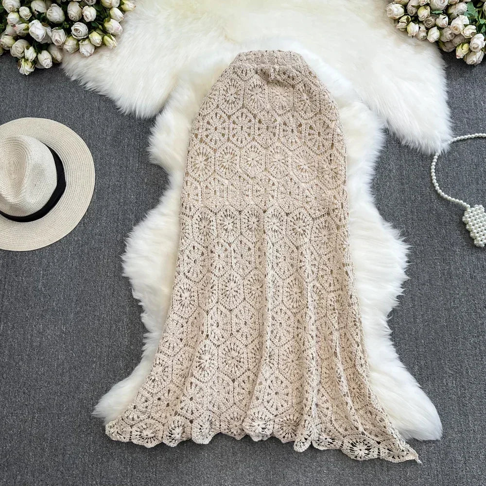 Boho Holiday Long Skirts Women Crochet Hollow Out Female Trumpet Skirt Ladies Elegant Lace Patchwork Summer Skirt Dropshipping