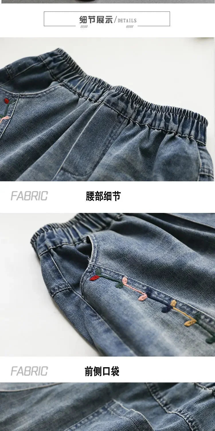 Vintage Jeans Shorts Women Summer Floral Embroidery Elastic High Waist Denim Shorts Design Wide Leg Trousers Blue Black Shorts