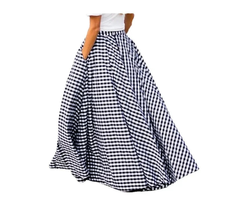 Elegant High-Waisted Long Dress For Women Summer New Arrival Commuting Plaid Big Skirt Wide Leg Design Female Fashion