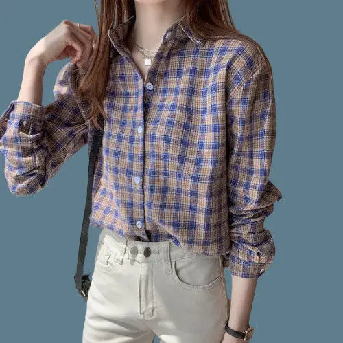 Vintage All-match Plaid Shirt for Female 2022 Spring Women's Clothing Korean Simple Turn-down Collarlong Sleeve Casual Blouses