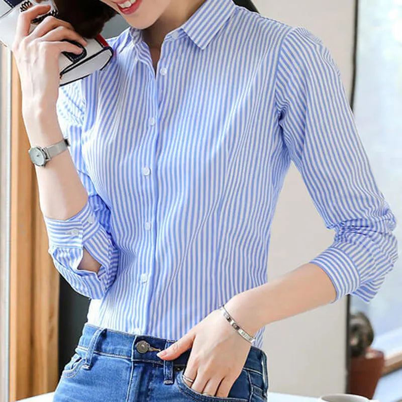 Women's Clothing Commute Striped Shirt 2025 New Spring Autumn Long Sleeve Fashion Single-breasted Casual Turn-down Collar Blouse