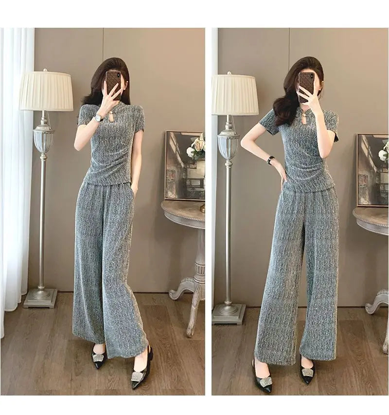 Fashion suit women's summer new style high-end feeling new Chinese style short sleeved top+casual wide leg pants two-piece set