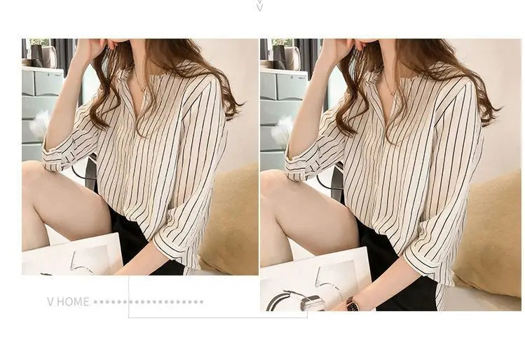 Office Lady Women's Clothing Fashion Casual Striped Loose Three Quarter Sleeve Summer Thin Simplicity Round Neck Button Blouses
