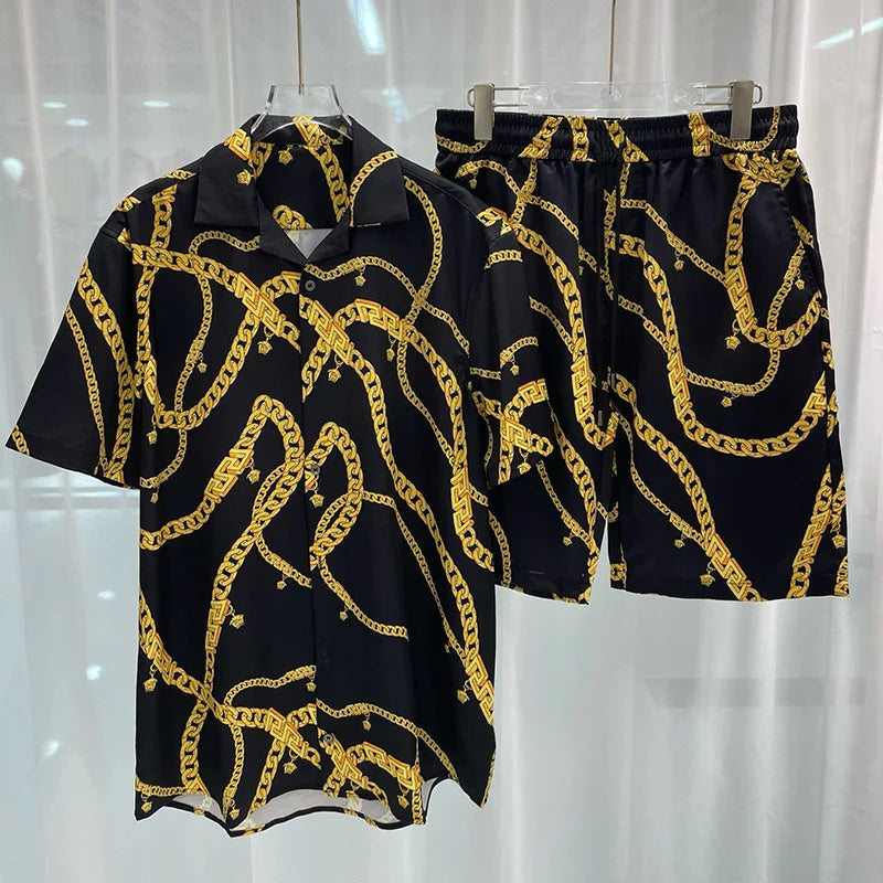 Royal luxury digital printed men's set fashion two-piece shorts set high-quality summer short sleeved shirt Allen Sen Trendy Clo