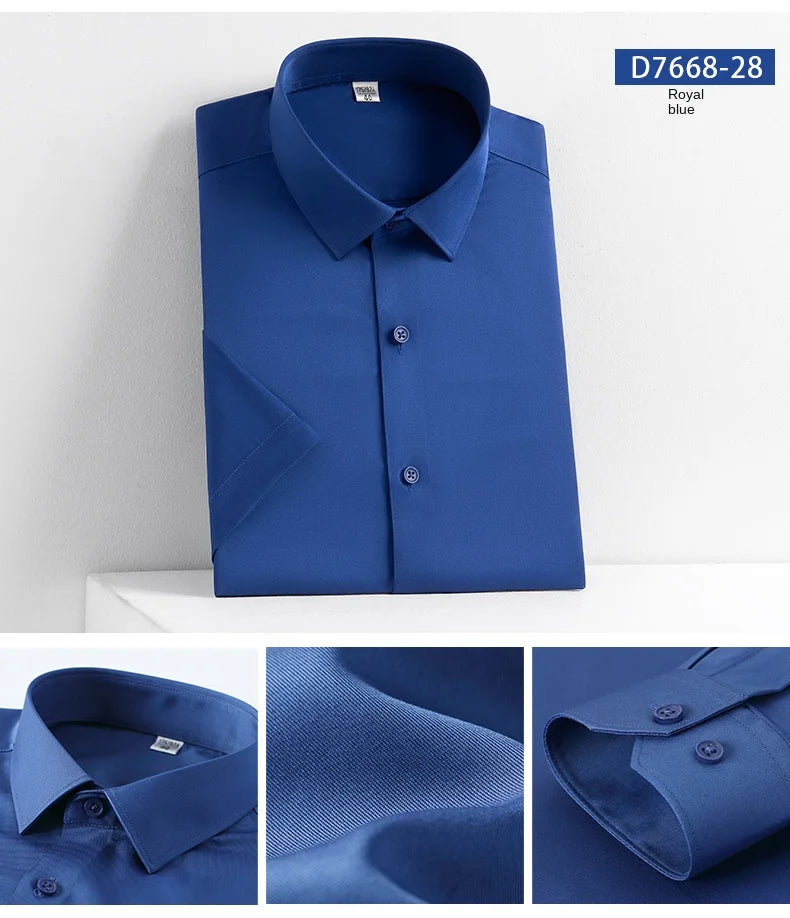 2023 Summer Short Sleeve High Density Silky Material Solid  Elastic Business Men Dress Shirts No Pocket Stretch Clothes
