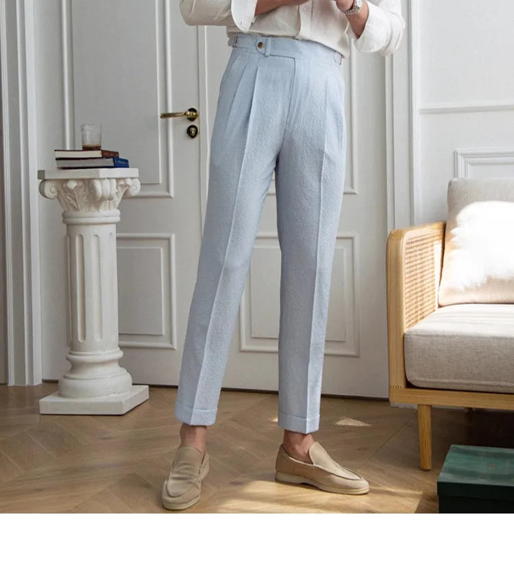 High-end Striped Men's Suit Pants Spring Summer Thin Italian Straight Casual Trousers Blue Paris Buckle Business Trousers