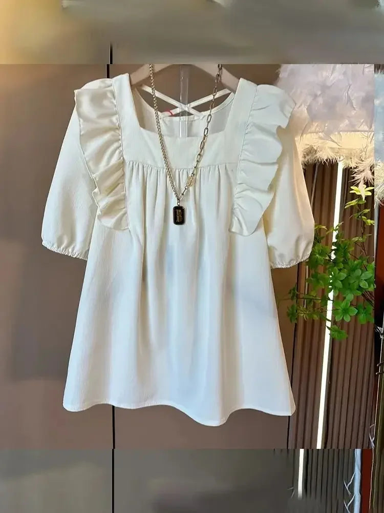Summer Casual V-neck Back Cross Strap Fly Sleeve Elastic Shoulder Loose Fit Small Shirt Versatile Simple Top for Plump Sister