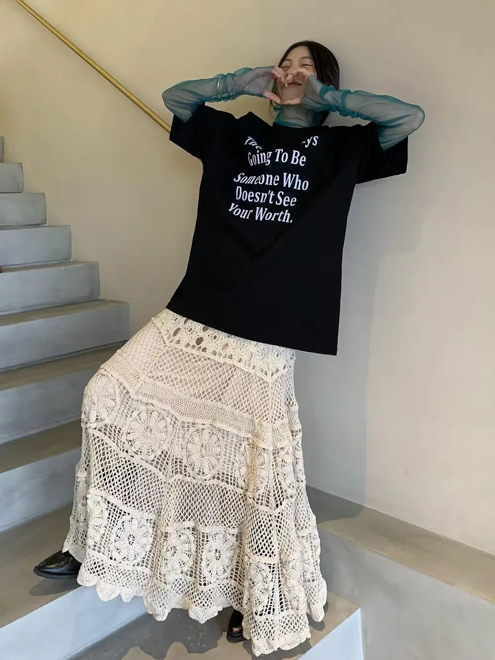 Retro Hollow Knitted Crochet Women's Solid Color Skirt 2025 Summer Fashion Lace Patchwork Female High Waisted Skirt
