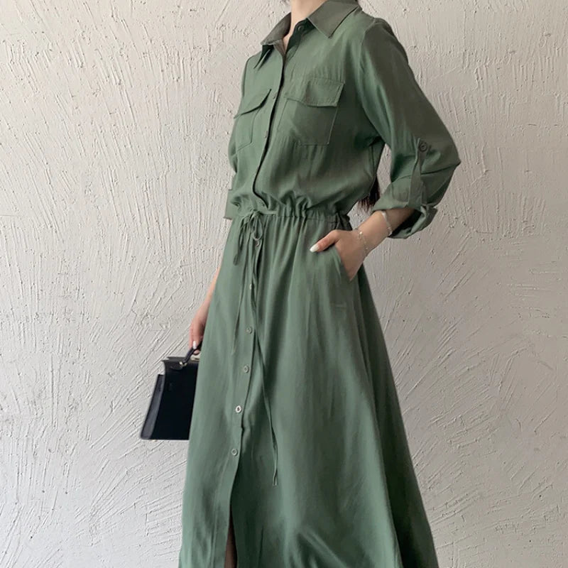 Matakawa Shirt Dresses for Women Solid Long Sleeve Japan Style Elegant Vestidos A-line Simple Fashion Casual  Dress Vintage