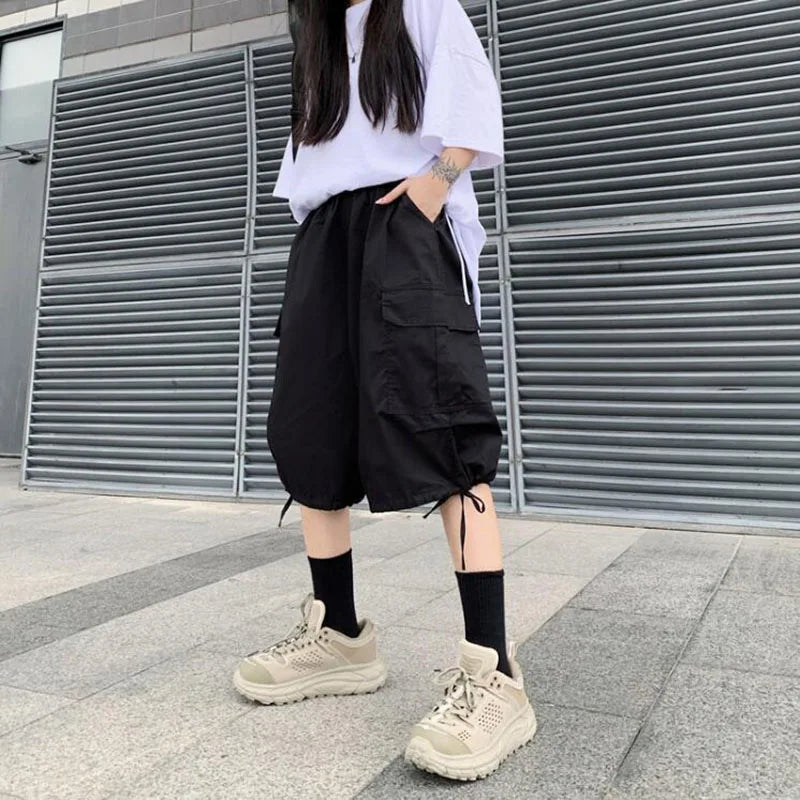 Zoki Streetwear Harajuku Oversize Bf Cargo Shorts Hip Hop Fashion High Waist Women Big Pockets Casual Shorts Summer Loose Shorts