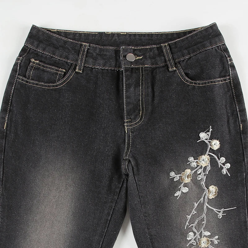 Floral Embroidery Jeans Women Y2K Streetwear Baggy Denim Pants Vintage 2000S Low Rise Flared Jeans Female High Street Trousers