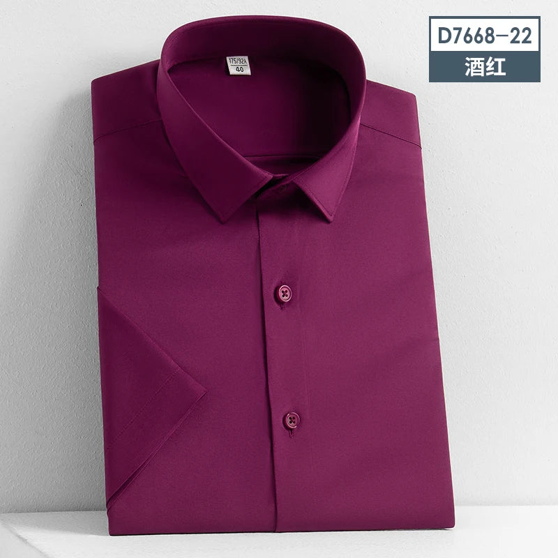 2023 Summer Short Sleeve High Density Silky Material Solid  Elastic Business Men Dress Shirts No Pocket Stretch Clothes