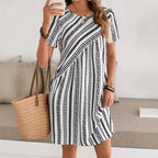Casual Striped Print Dress For Women Fashion O-Neck Short Sleeve Loose Dresses Lady Office Womens Clothing Summer New Plus Size