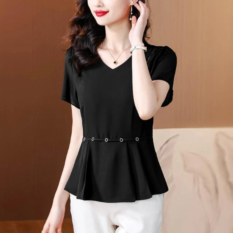 New Summer Solid Color Short-sleeved T-shirt Women with Large Size Fat Mm Slim V-neck Top Fashionable Temperament Small Shirt