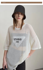 Amii Minimalist Women's Knitted Pullovers 2025 Summer Crew Neck Short-sleeved Casual Mid Long Loose Letter Jacquard Top 12542048