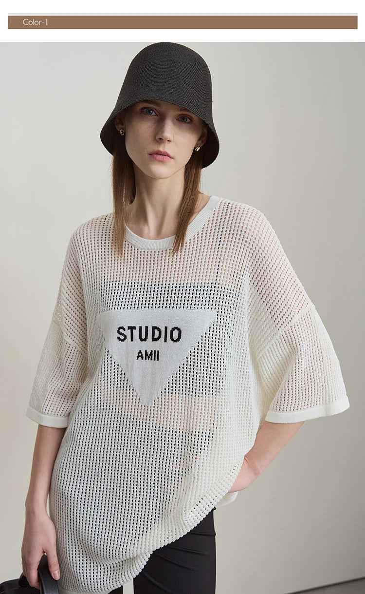 Amii Minimalist Women's Knitted Pullovers 2025 Summer Crew Neck Short-sleeved Casual Mid Long Loose Letter Jacquard Top 12542048
