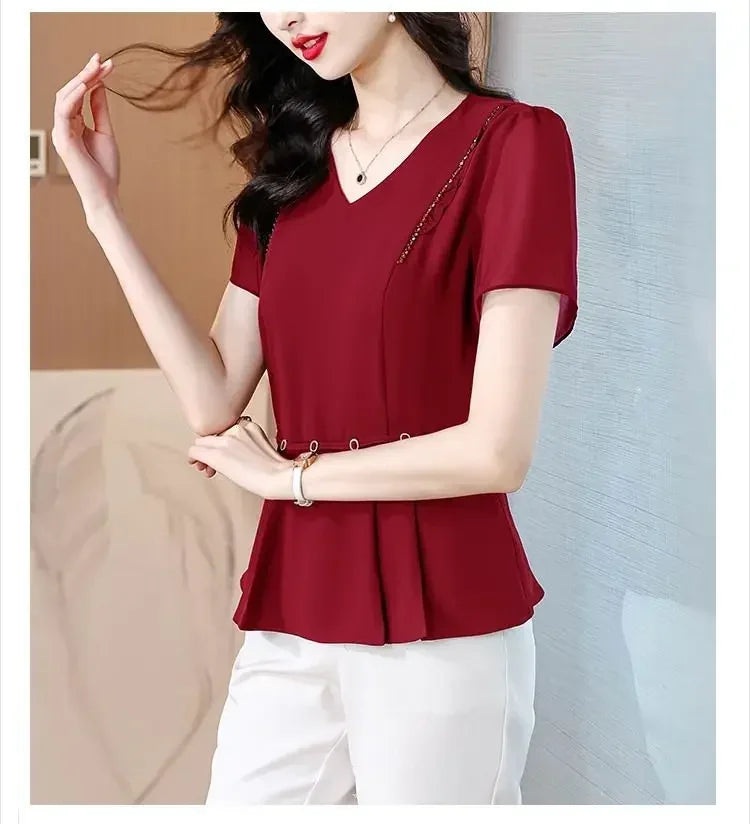 New Summer Solid Color Short-sleeved T-shirt Women with Large Size Fat Mm Slim V-neck Top Fashionable Temperament Small Shirt