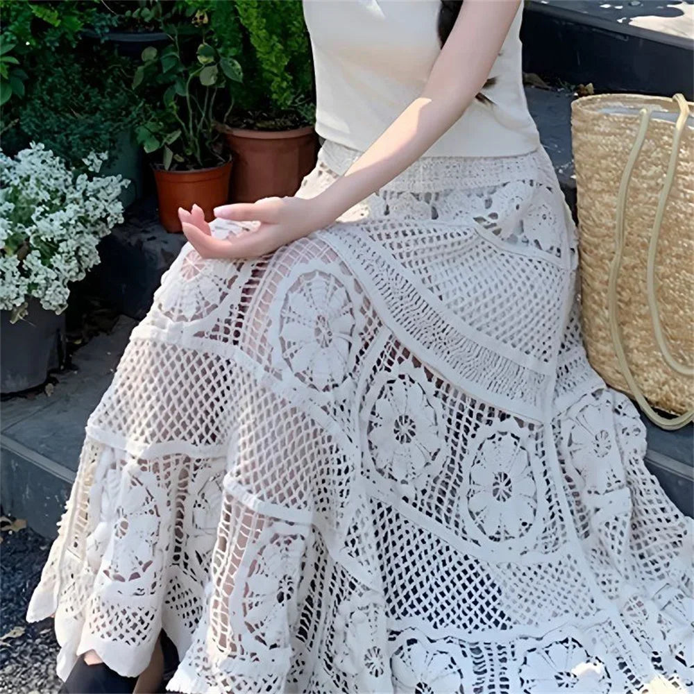 Mid Long Skirt Vintage Women Knitted Skirt 2025 Spring Summer High Waist Holllow Out Crocret Floral Pleated Skirts Lace Elegant