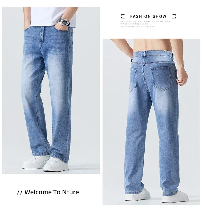Summer Thin Straight Jeans Men's Clothing Soft Breathable Trousers Male Brand Comfortable Business Loose Denim Pants Retro Y2K