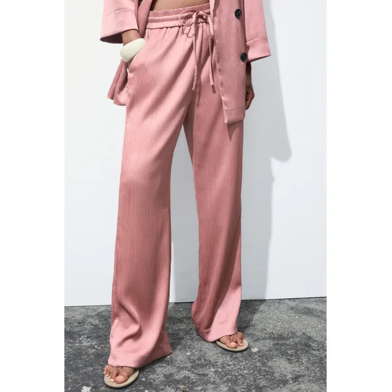 KWTX 2025 Spring Women’s Two Piece Set Solid Pleated V Neck Blazer & Wide Leg Pants Elegant Luxury High Quality Office Set