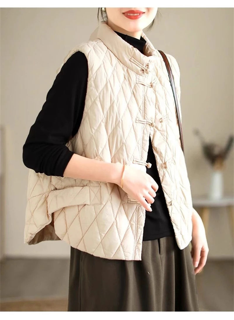 2024 New Autumn Winter Parkas Women Puffer Vest Loose Cropped Stand Collar Sleeveless Vest Jackets Down Cotton Padded Waistcoat