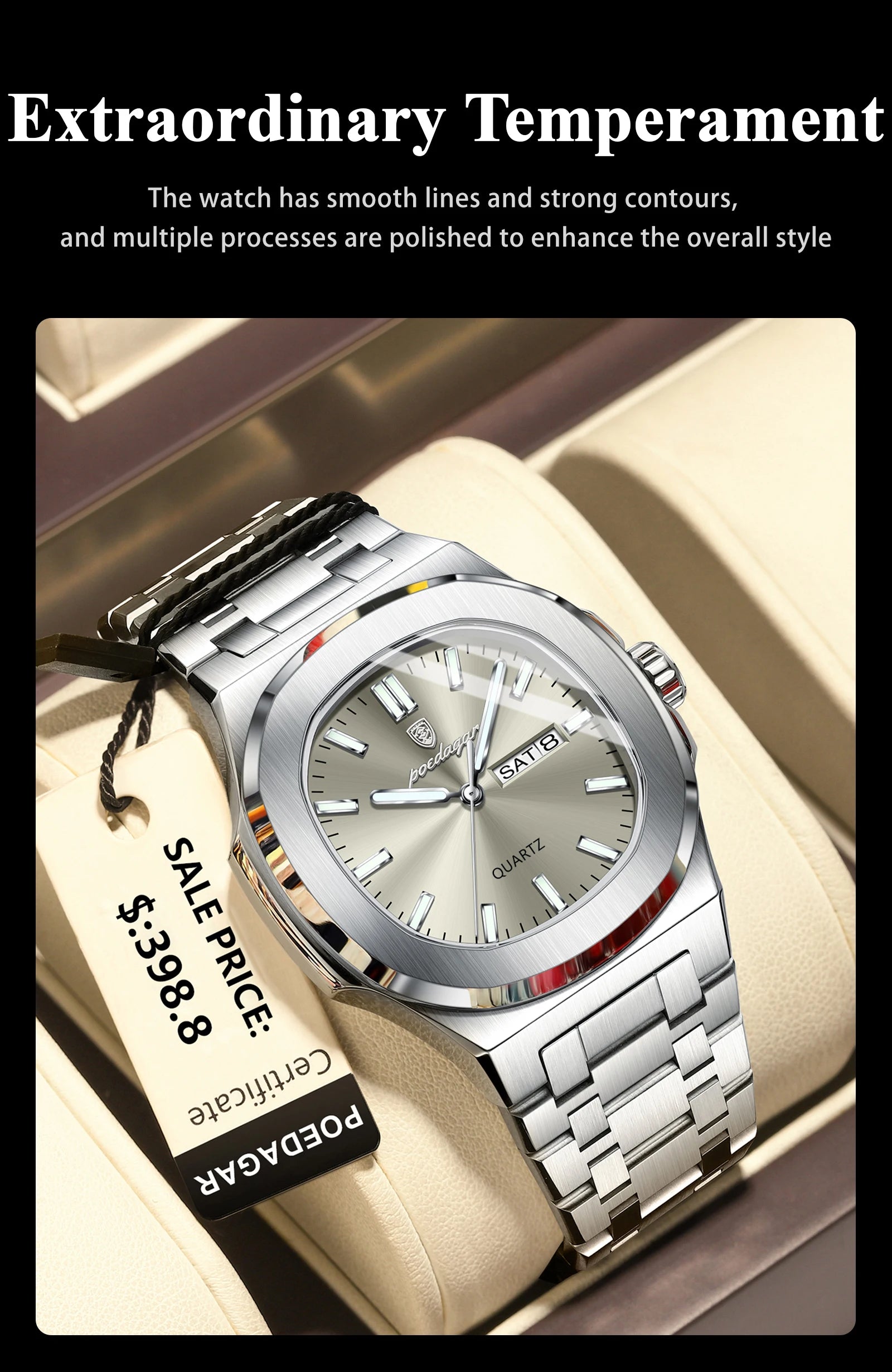 POEDAGAR Trendy Casual Wristwatch For Men Week Date Stainless Steel Man Watch Luminous Waterproof Luxury Quartz Men Watches+Box