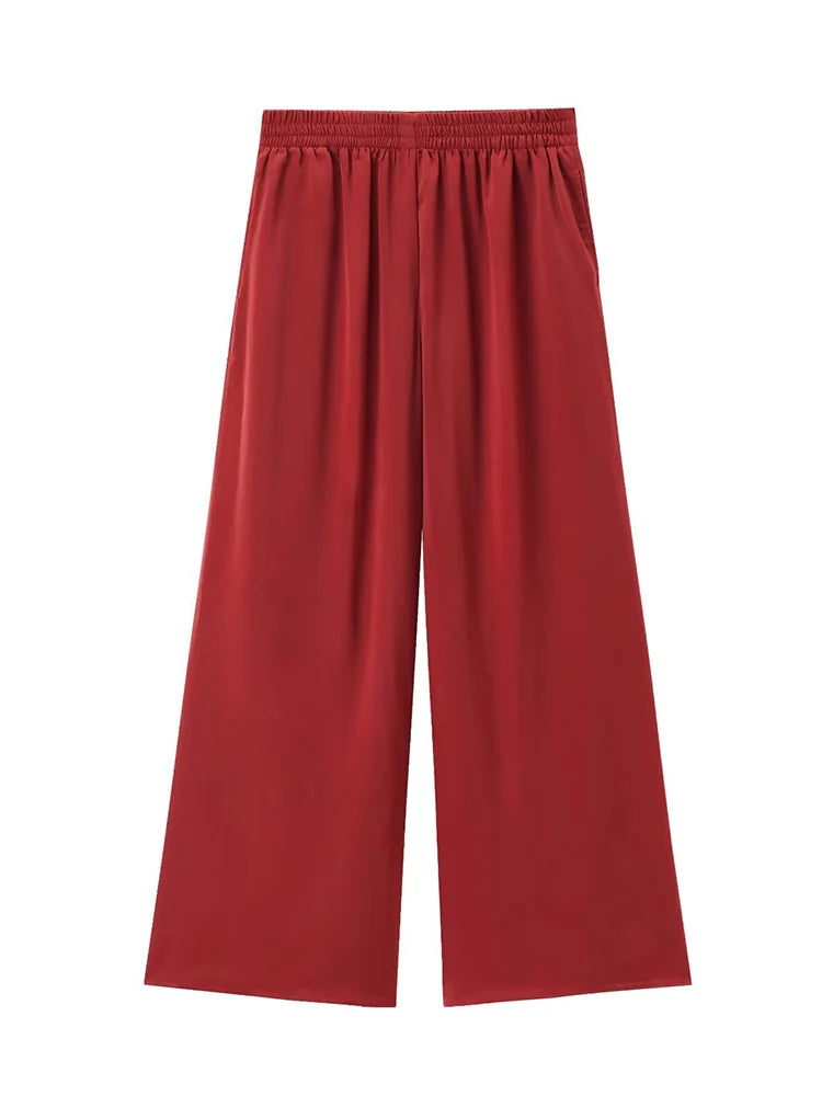 TFMLN New Women's High Waist Wide Leg Pants Fashion Elastic Waist Long Straight Trousers Lady Casual Solid Pocket Pants Summer