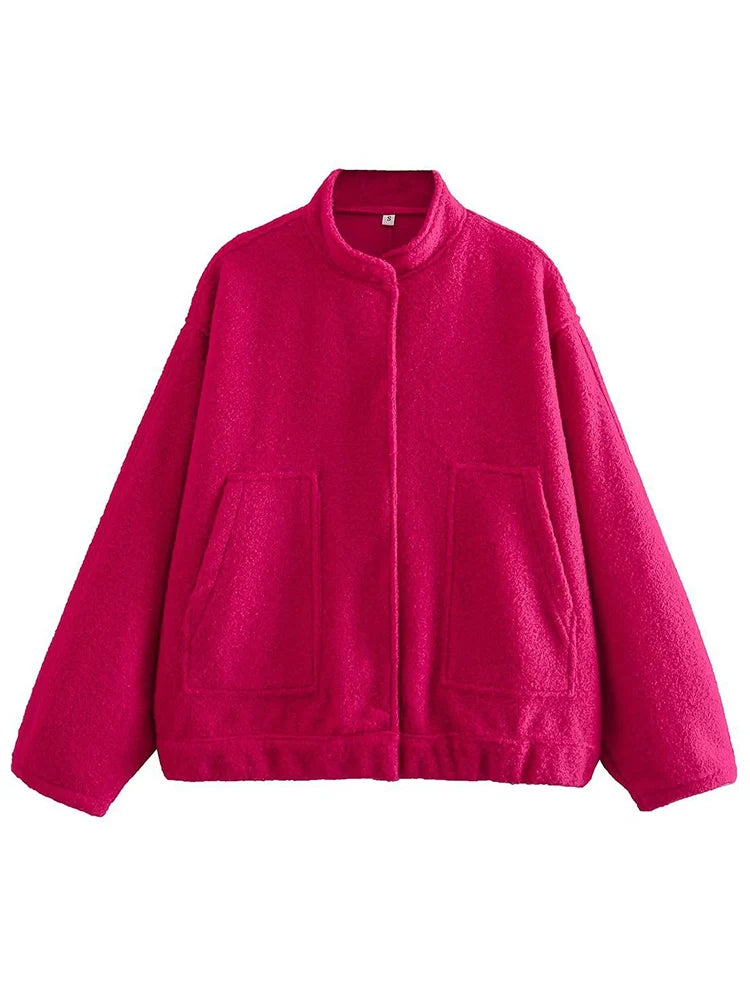MiuKoMiYa Army Green Short Wool Blend Bomber Jackets For Women Winter Outdoor Women's Woolen Blend Coat Women Loose Wool Jacket