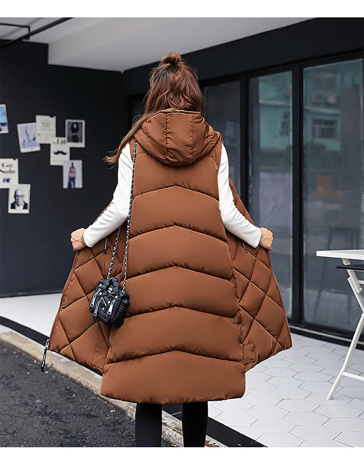 Women's Sleeveless Vest Long Down Padded Jacket Solid Color Hooded Loose Ladies Fashion Casual Warm Winter Jacket Vest Women