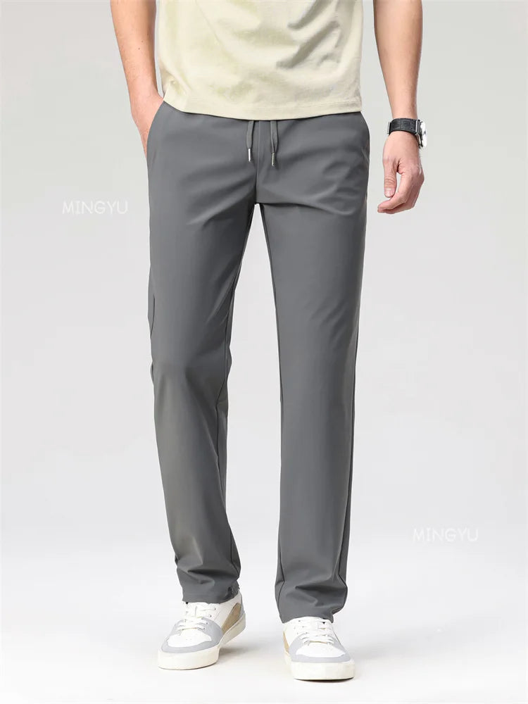 Summer High Stretch Smooth Ice Silk Casual Pants Man Thin Soft Elastic Waist Korean Grey Sweatpants Sports Jogging Trousers Male