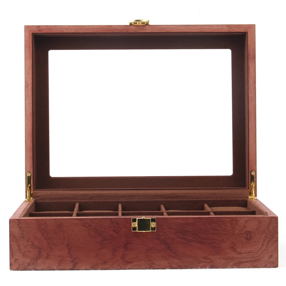 10 Slot Wooden Watch Display Box with Glass Top Lid, Exquisite Jewelry Storage Case